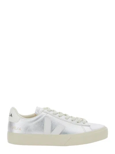 Veja Campo Metallic Low Top Sneakers With Logo Detail On The Side And Logo Lettering On The Heel In Leath In Grey