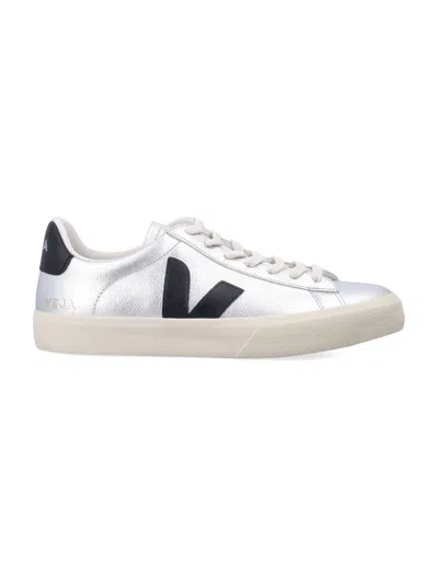 Veja Campo Silver And Black Leather Sneakers