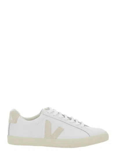VEJA 'ESPLAR' WHITE LOW TOP SNEAKERS WITH LOGO DETAIL ON THE SIDE AND LOGO LETTERING ON THE HEEL IN LEATH