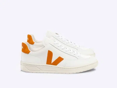 VEJA MEN'S V-12 LEATHER SNEAKERS IN EXTRA WHITE/PUMKIN