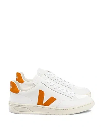 Veja Men's V-12 Low Top Leather Sneakers In White/pumpkin