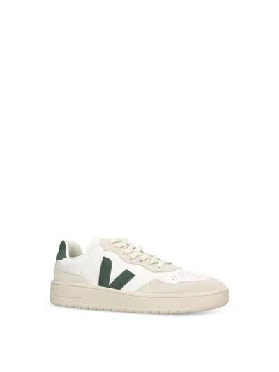 Veja V-90 Sneakers In White And Green Leather In Multi
