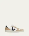 Veja V-10 Leather And Suede Low-top Sneakers In White/black/tan