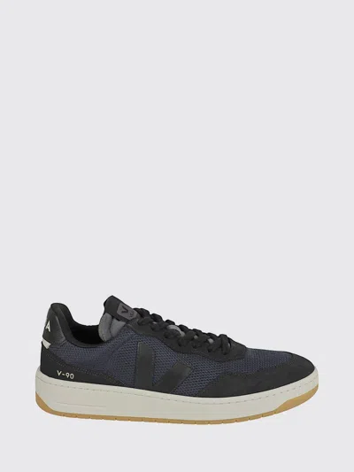 Veja Men's V-90 Sneakers In Leather And B-mesh With Contrasting Logo In Blue