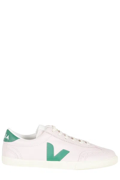 Veja Pink Volley Ot Green-logo Leather Sneakers In White