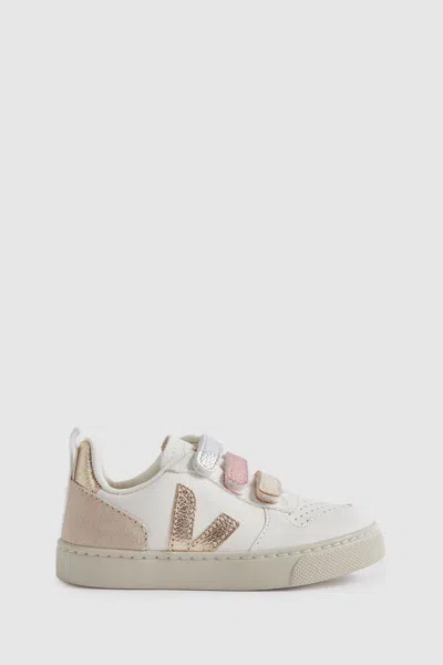 Veja Kids'  Small V-10 Suede Velcro Trainers In White Multi
