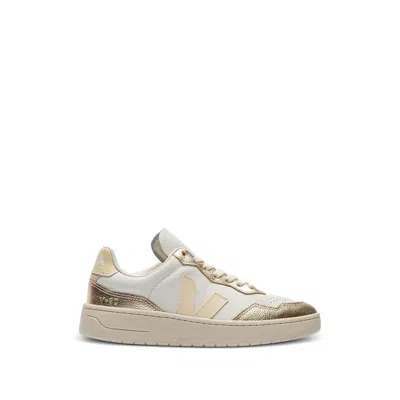 Veja V-90 Leather Sneakers In Gold