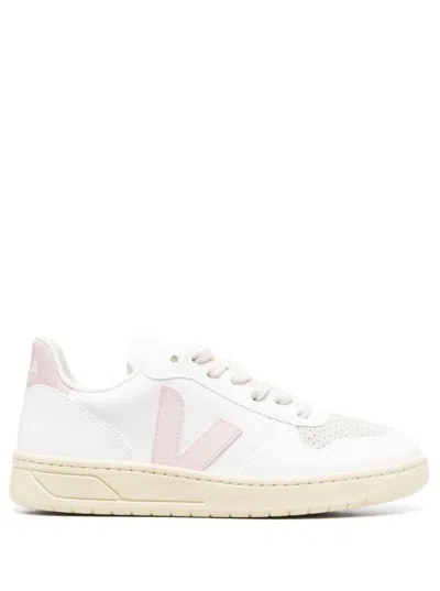VEJA SNEAKERS V-10 WITH LOGO IN WHITE AND PINK LEATHER WOMAN