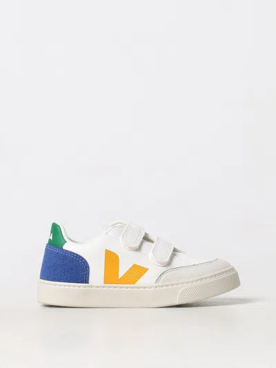 Veja Kids' V-12 Chrome-free Leather Sneakers In White/indigo