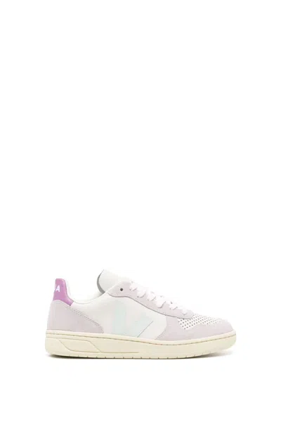 Veja V-10 Panelled Leather Sneakers In White