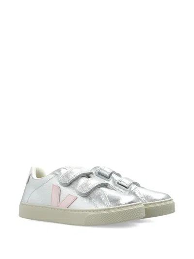 Veja Kids' Touch-strap Leather Sneakers In Silver