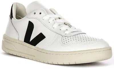 Pre-owned Veja V 10 Leather Lace Up Court Womens Sneakers White Black Us 6 - 10