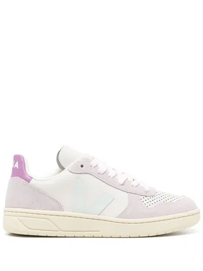 Veja V-10 Panelled Leather Sneakers In Purple
