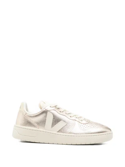 Veja V-10 Perforated-toe Sneakers In Gold