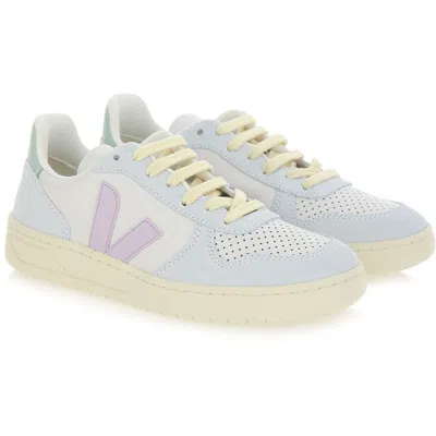 Pre-owned Veja V-10 Sneakers Leather, Gravel Parme Menthol In White