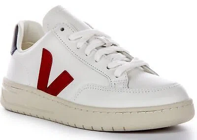 Pre-owned Veja V-12 Leather Logo Low Top Womens Sneakers White Red Us 3 - 8