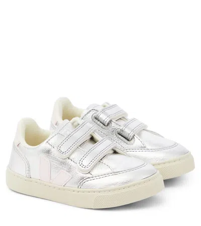Veja Kids' V-12 Metallic Leather Sneakers In Silver