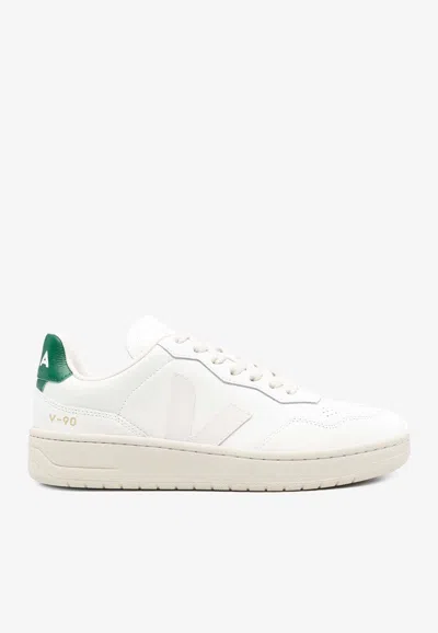 Veja V-90 Leather Low-top Sneakers In Extra-white/golf