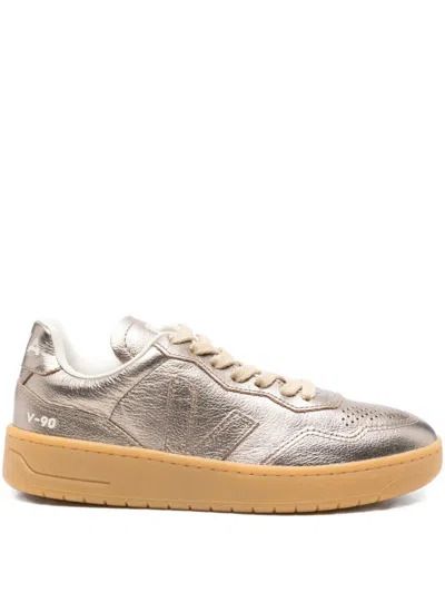 Veja V-90 Leather Sneakers In Gold
