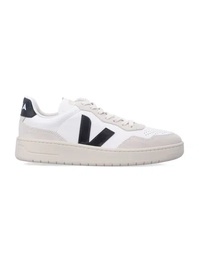 Veja V-90 Leather Sneakers In White And Black