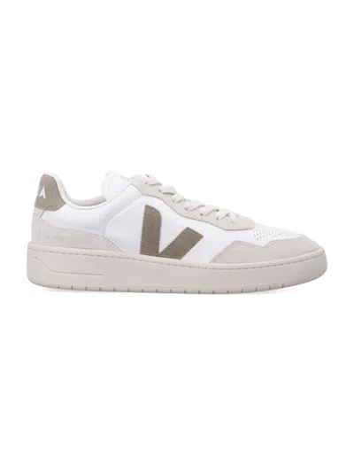 Veja V-90 Leather Sneakers In White And Taupe In Multi