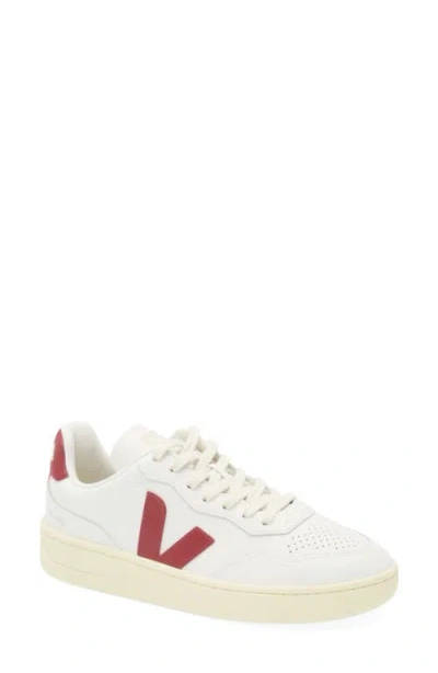 Veja V-90 Panelled Leather Sneakers In White And Red
