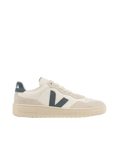 Veja V-90 Leather Sneakers With Logo On The Side In Neutral