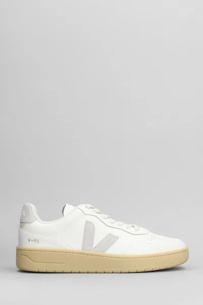 Veja V-90 O.t. Leather Men Sneaker In White Light Grey In Gray