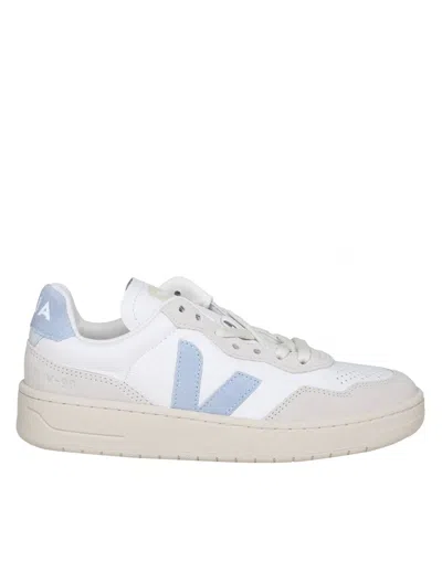 VEJA V 90 SNEAKERS IN WHITE AND LIGHT BLUE LEATHER AND SUEDE