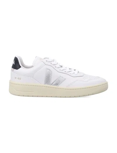Veja V-90 White And Silver Leather Sneakers In Multi
