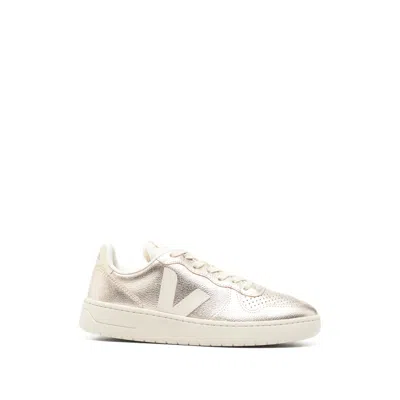 Veja V-10 O.t. Laminated Leather Sneakers In Gold