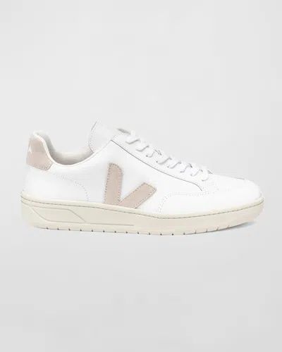 Veja V12 Mixed Leather Court Sneakers In Light Beige