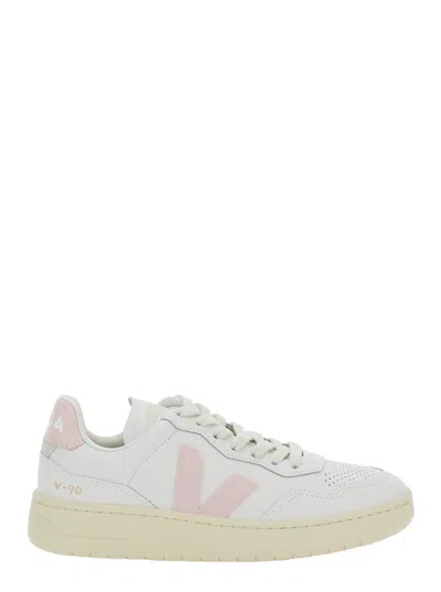 Veja V90 Mini Leather Low-top Sneaker With Side Logo And Perforated Toe In White