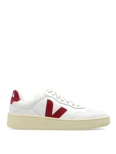 Veja V-90 Panelled Leather Sneakers In White And Red