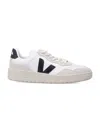 Veja V-90 White And Black Leather Sneakers In White