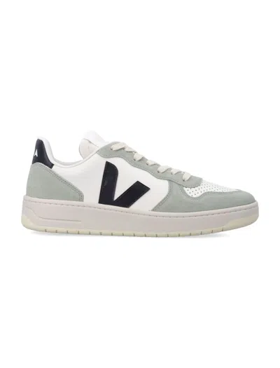 Veja V-10 Leather Pure Black Clay Sneakers In White