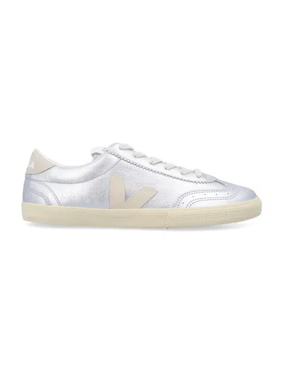 Veja Metallic Leather Sneakers Contrasting Accents In Silver