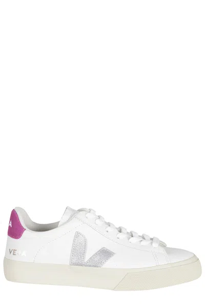 Veja White Campo Leather Silver-logo Leather Sneakers In Multi