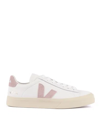 Veja White Campo Soft Pink Accent Leather Sneakers