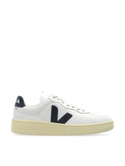 Veja White V-90 O. T. Logo Accents Leather Sneakers