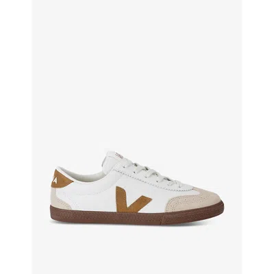 VEJA WOMENS MEN'S VOLLEY LOGO-EMBROIDERED LEATHER LOW-TOP TRAINERS TAN COMB EUR 35 / 2 UK