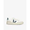 Veja V-90 Mixed Leather Low-top Sneakers In White/navy