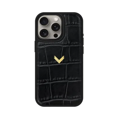Velante Calf Leather Phone Case, Crocodile Texture, Gold, Black Gm