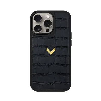 Velante Calf Leather Phone Case, Crocodile Texture, Gold, Matte Black Gm