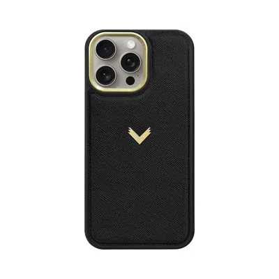 Velante Calf Leather Phone Case, Saffiano Texture, Gold - Black