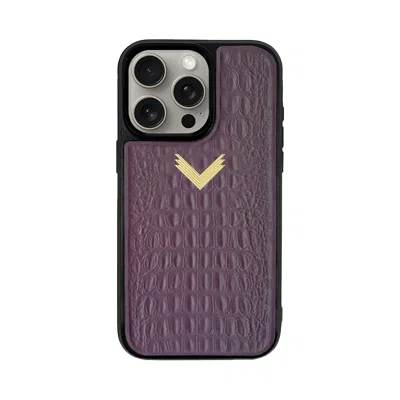 Velante Pink / Purple Calf Leather Phone Case, Alligator Texture, Gold - Royal Purple In Pink/purple
