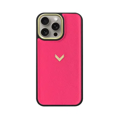 Velante Pink / Purple Calf Leather Phone Case, Saffiano Texture, Gold - Strawberry