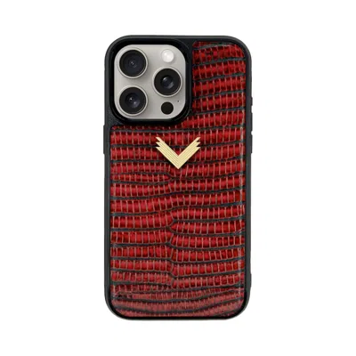Velante Red Calf Leather Phone Case, Lizard Texture, Gold - Vulcano