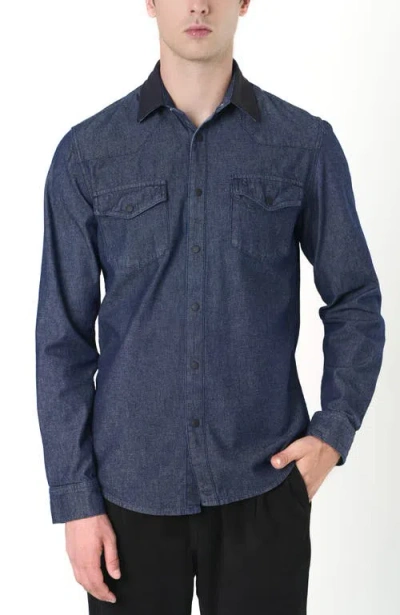 Velez Long-sleeve Cotton Overshirt With Denim And Leather In Blue