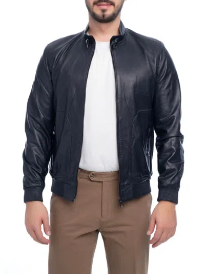 Vellapais Men's Leather Bomber Jacket In Navy Blue